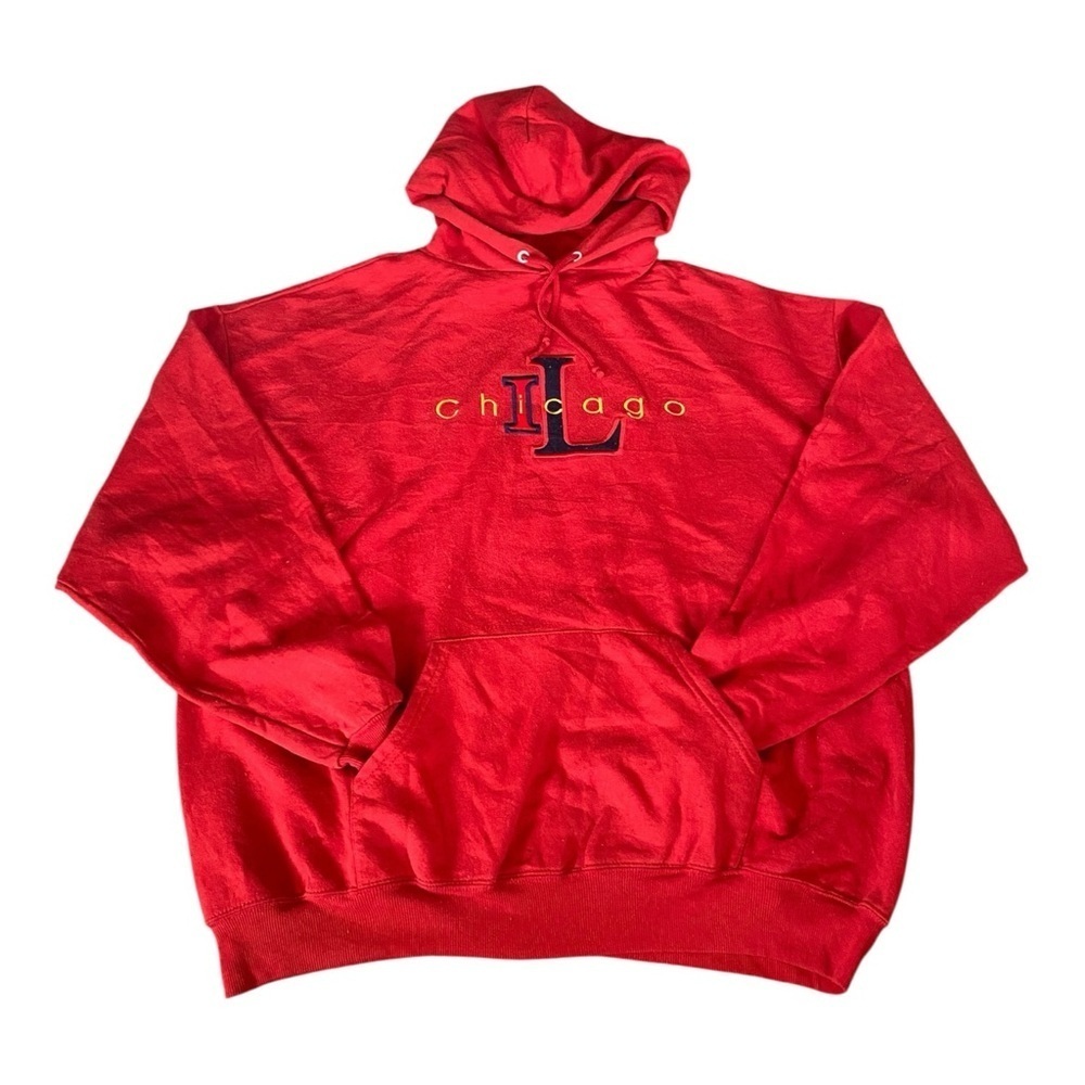 Jerzees Red Chicago Hoodie Men’s Sweatshirt Size XL Pullover Vacation Souvenir